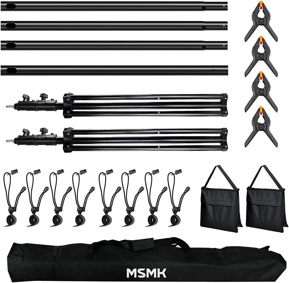 Photo Video Studio Backdrop Stand with 8 Spring & 4 Clips, 6.5ft x 10ft Adjustable Muslin Background Support System Kit with Sand Bag, Carry Bag B577975