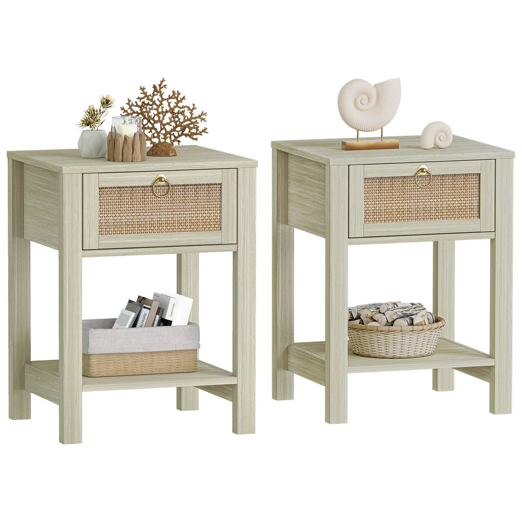 White Nightstand Set of 2 with Rattan Drawer and Open Storage Shelf K62647