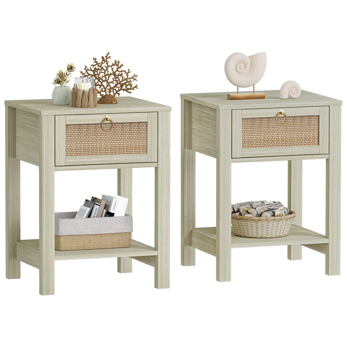 White Nightstand Set of 2 with Rattan Drawer and Open Storage Shelf K62647