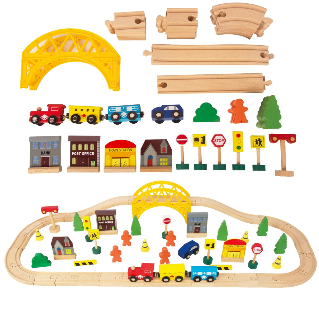60Pcs Double-Side Wooden Train Set U520346
