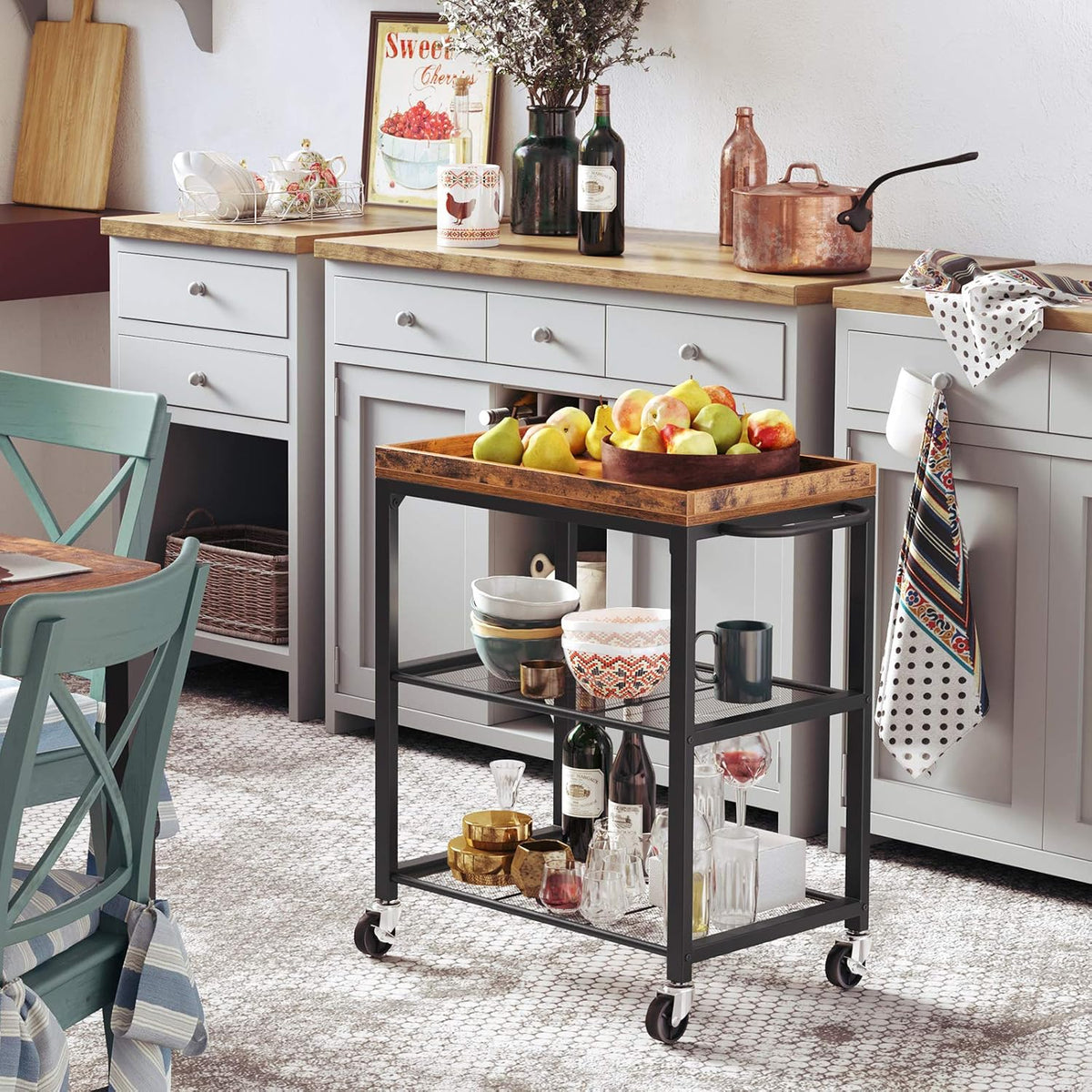 Bar Cart with Casters and Mesh Shelves Q314