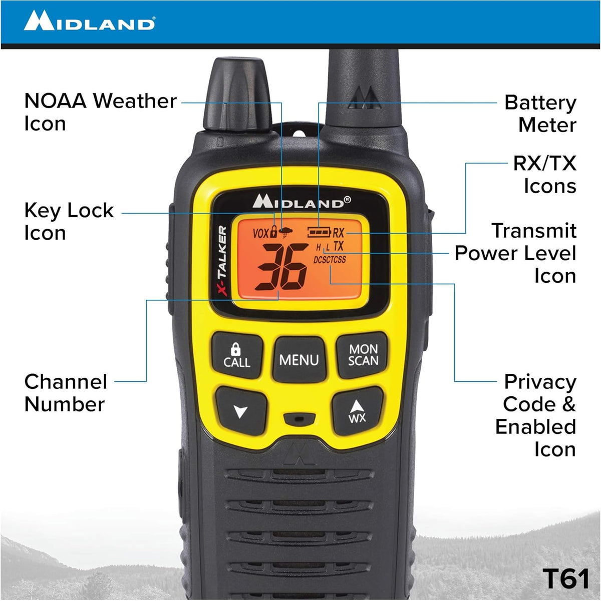 36 Channel FRS Two-Way Radio, 121 Privacy Codes, NOAA Weather Scan + Alert, Black/Yellow, 2-Pack L472