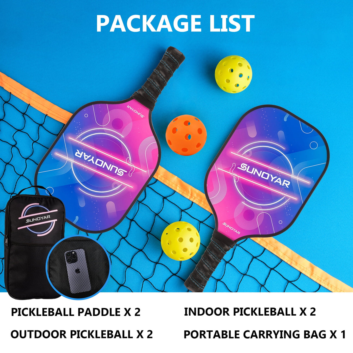 Fiberglass Pickleball Paddles Set of 2 with 4 Balls and 1 Bag C8061