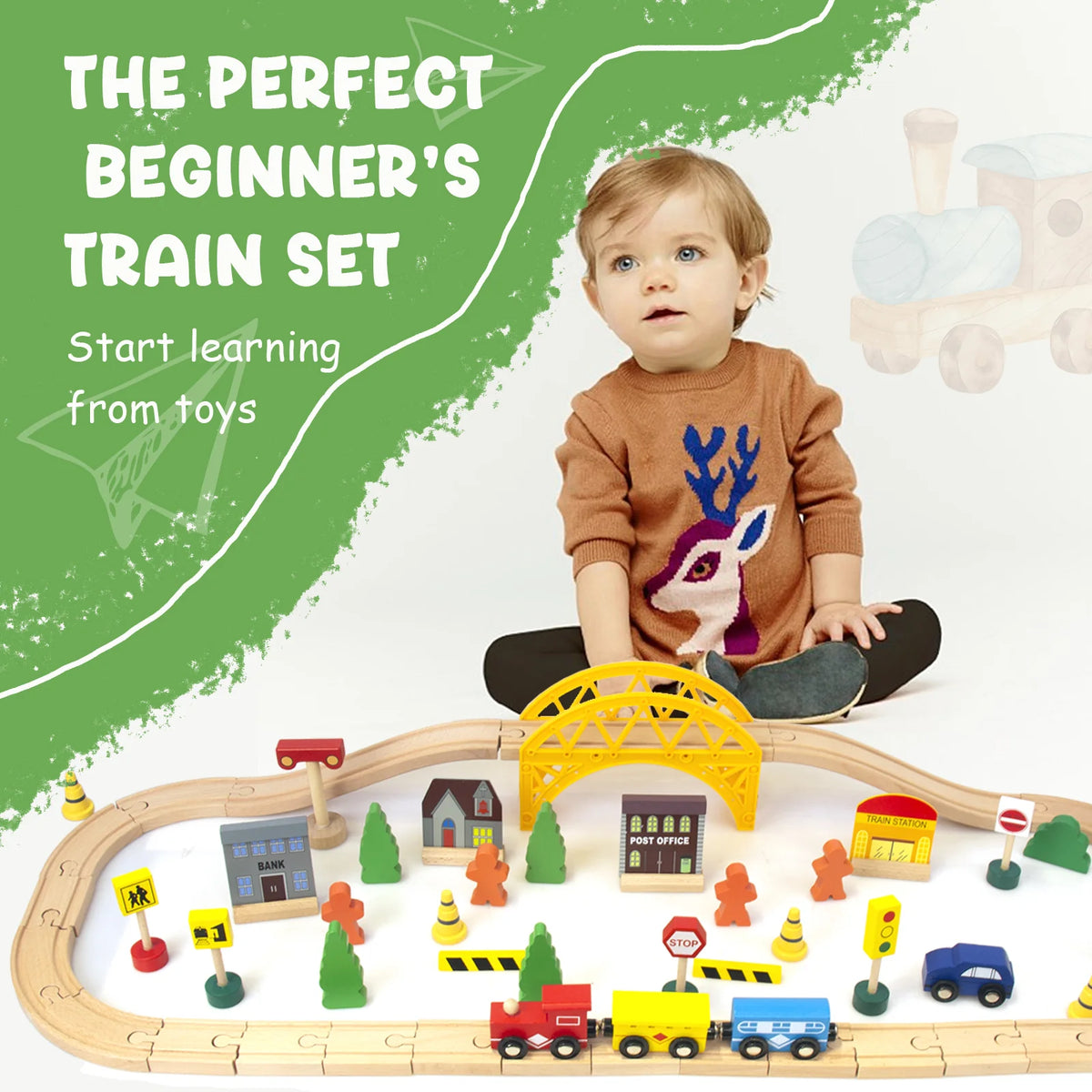 60Pcs Double-Side Wooden Train Set U520346