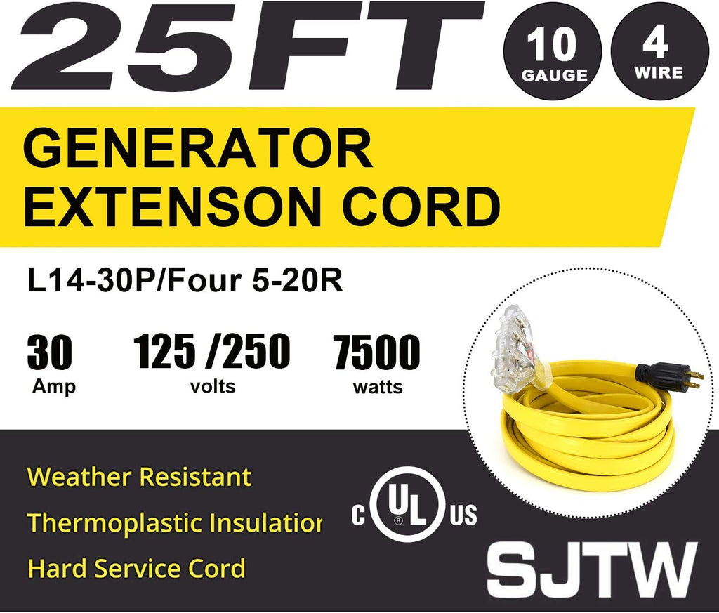 25-Foot 10 Gauge Generator Extension Cord NEMA L14-30P to Four 5-20R T910