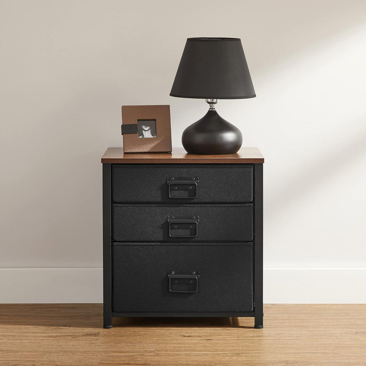 Industrial Nightstand, 3 Fabric Drawers, Steel Frame, Wooden Top X3607