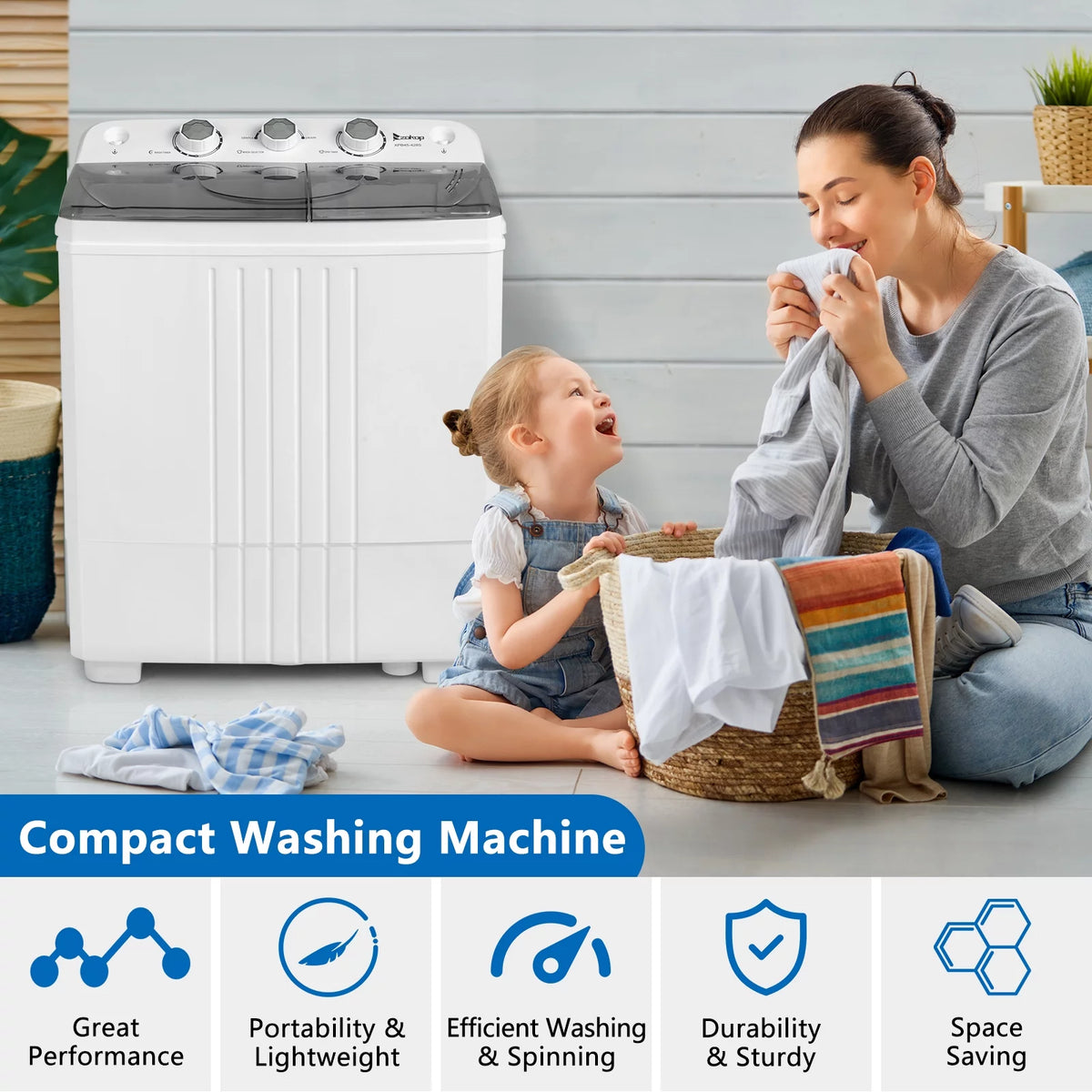 20LBS Portable Compact Twin Tub Washing Machine Washer Dryer, Gray J94247