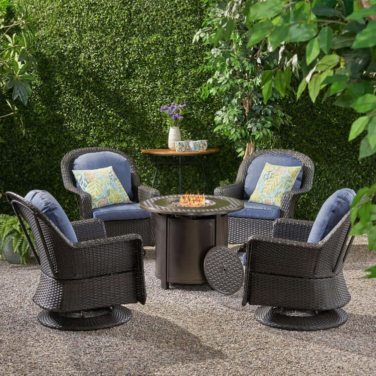 4-Seater Wicker Swivel Chair and Fire Pit F4893