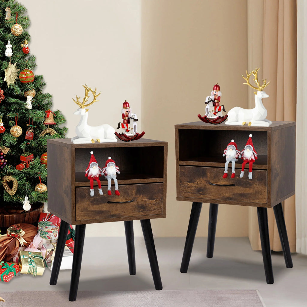 Set of 2 Nightstand with Drawer and Shelf, Wood Frame and Metal Legs, Brown S92747