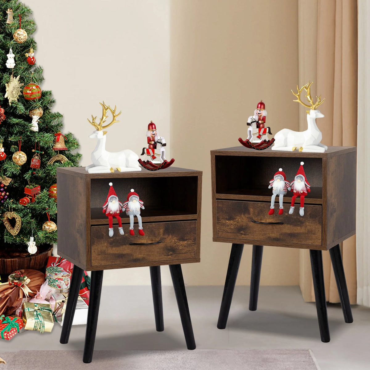 Set of 2 Nightstand with Drawer and Shelf, Wood Frame and Metal Legs, Brown S92747
