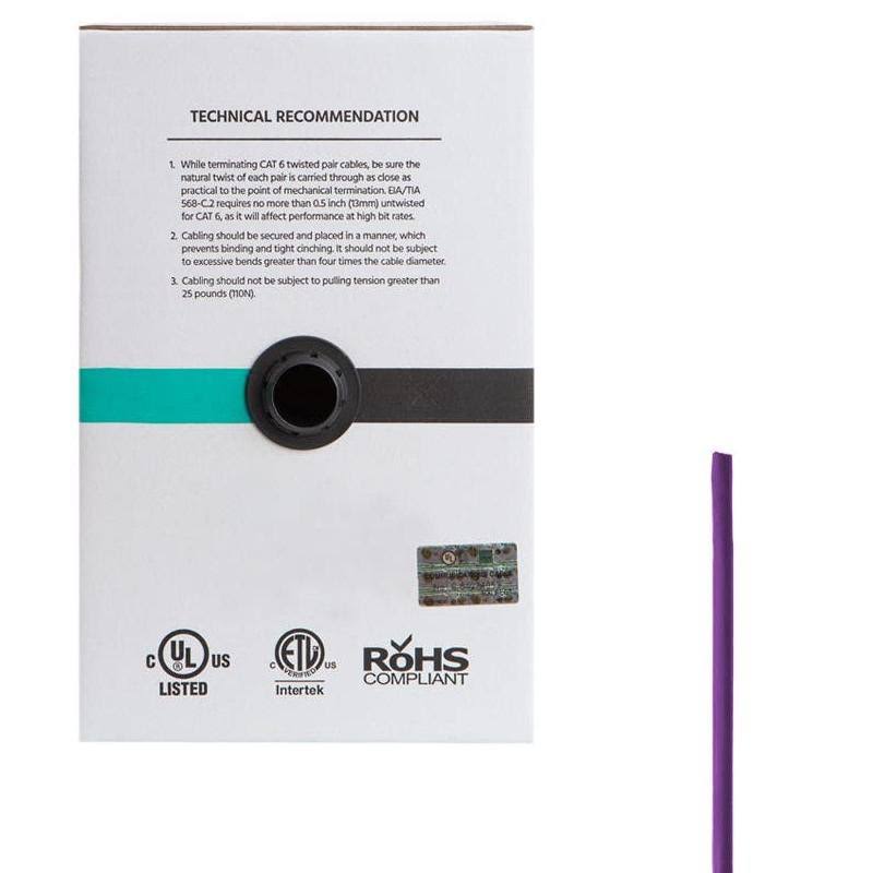Cat6 Ethernet Bulk Cable, Solid, 550Mhz, UTP, CMR, Riser-Rated, Pure Bare Copper WIRE, 23AWG, 500ft, Purple, (UL) Z127