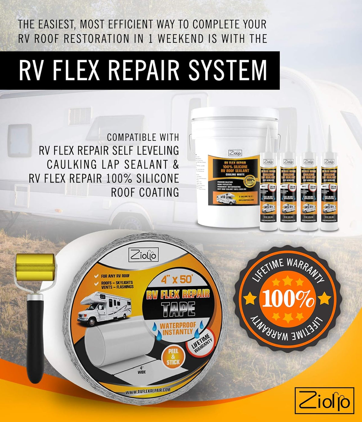 White 4-inch x 50 Foot Roll RV Flex Repair Tape Q521