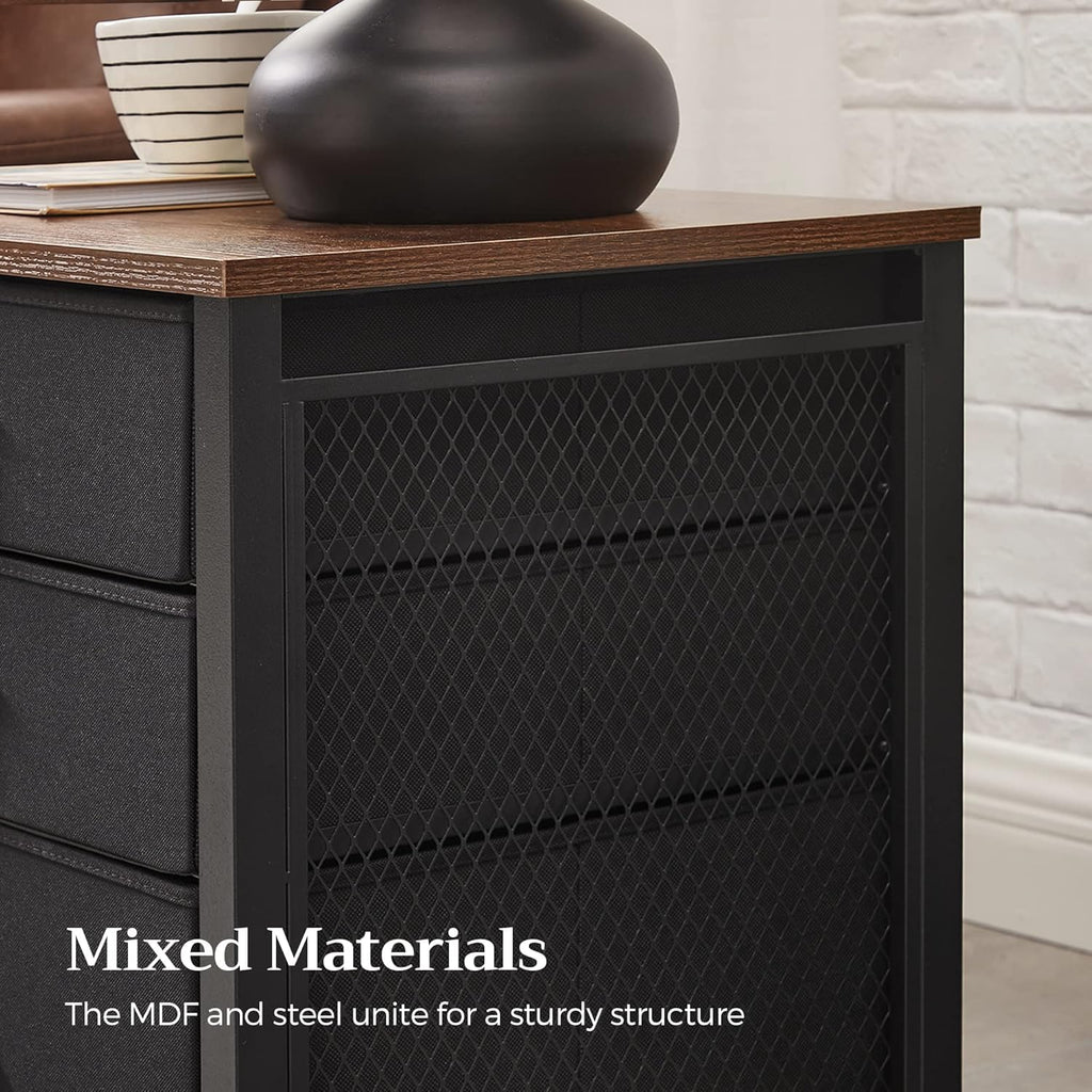 Industrial Nightstand, 3 Fabric Drawers, Steel Frame, Wooden Top X3607