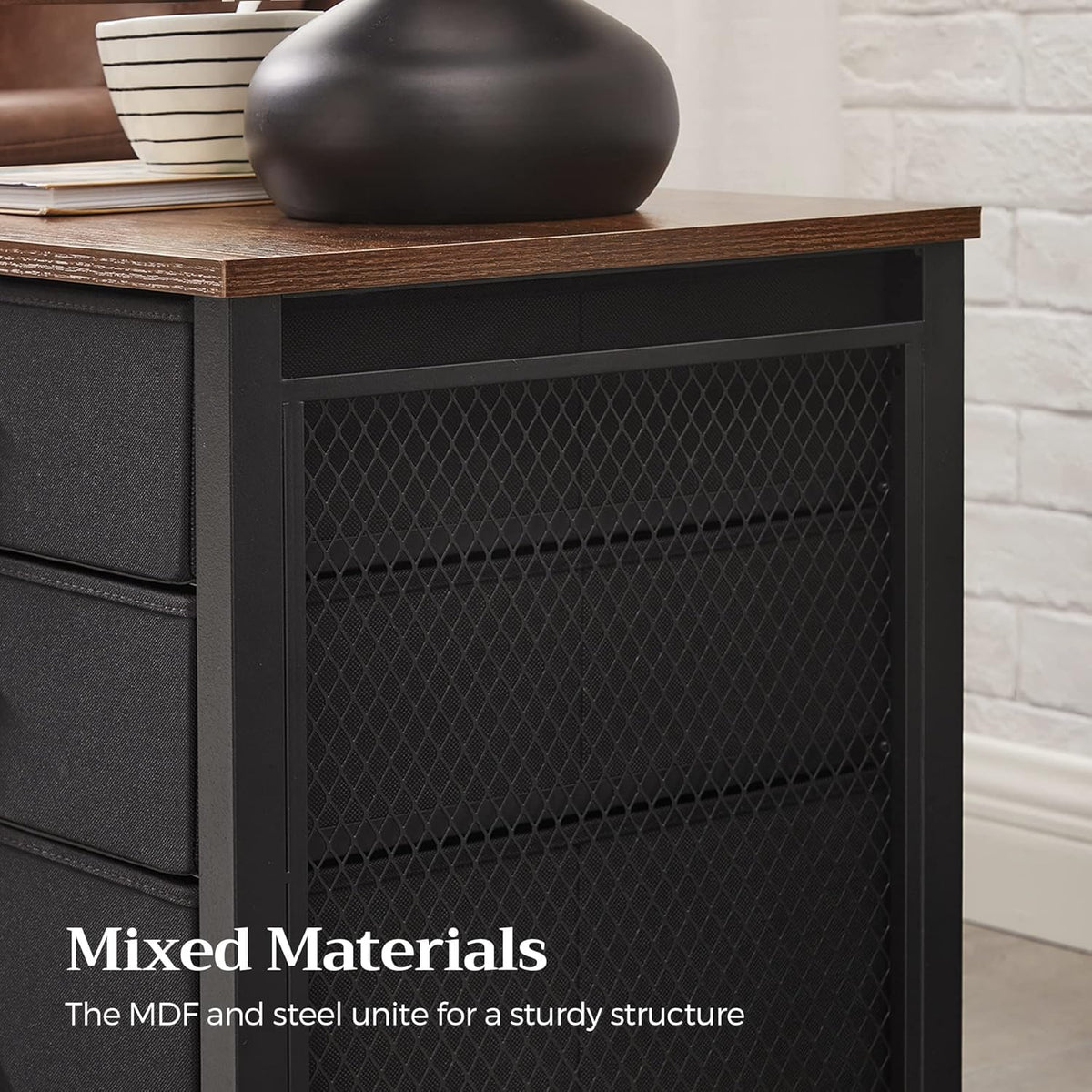 Industrial Nightstand, 3 Fabric Drawers, Steel Frame, Wooden Top X3607