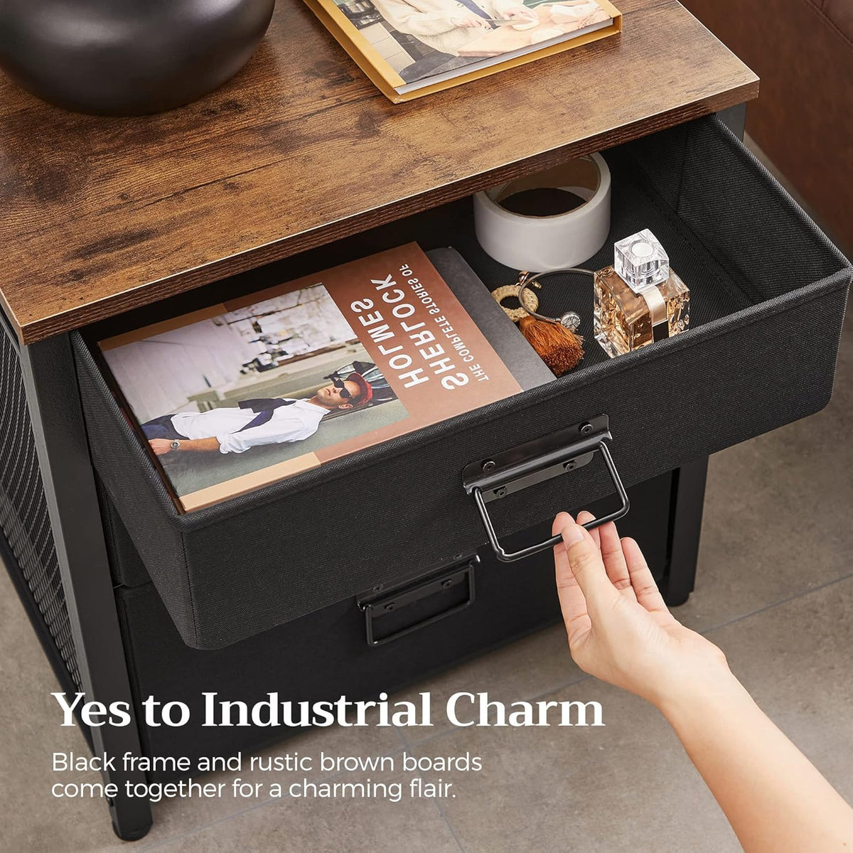 Industrial Nightstand, 3 Fabric Drawers, Steel Frame, Wooden Top X3607