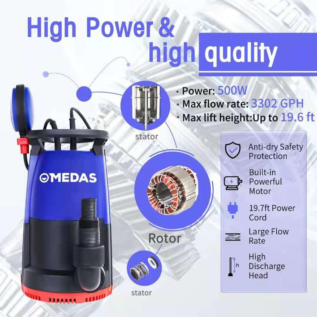 Electric 3 in 1 Submersible Pump 3/4HP 500W 3302GPH with Float Switch C778