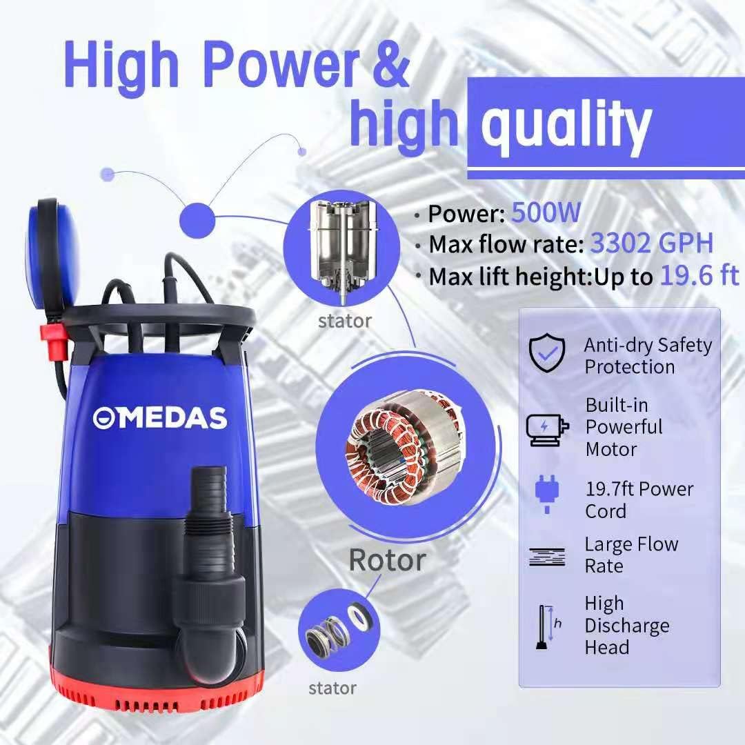 Electric 3 in 1 Submersible Pump 3/4HP 500W 3302GPH with Float Switch C778