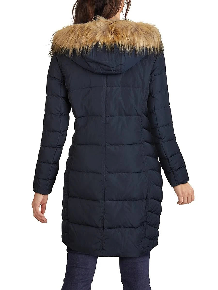 Navy Hooded Asymmetrical Down Puffer Coat O4372