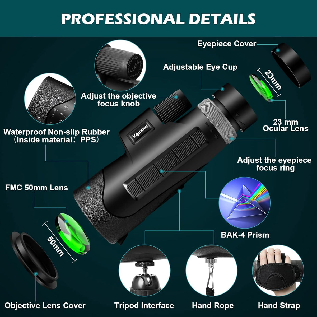 12X50 BAK4 Prism FMC Monocular with Smartphone Adapter and Tripod F279899