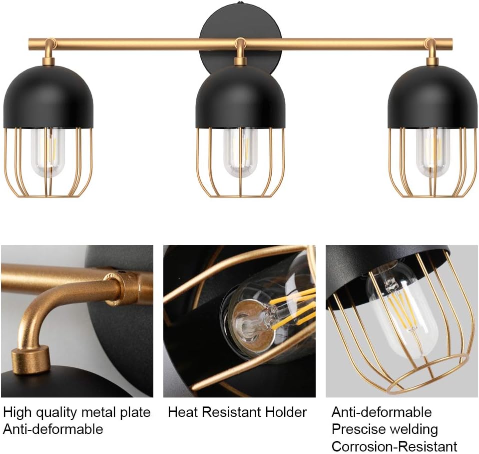 Black and Gold 3-Light Bathroom Vanity Lights C7239