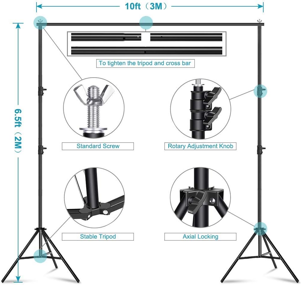 Photo Video Studio Backdrop Stand with 8 Spring & 4 Clips, 6.5ft x 10ft Adjustable Muslin Background Support System Kit with Sand Bag, Carry Bag B577975