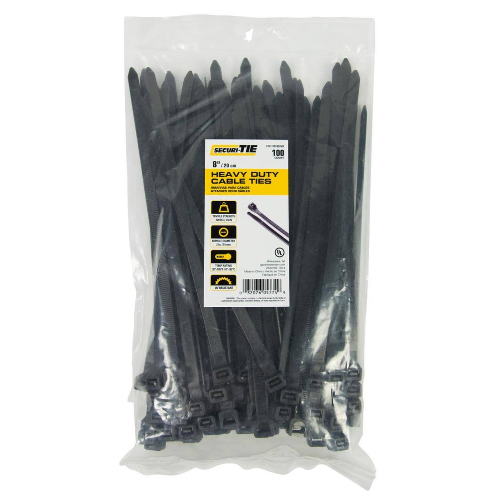 8 in. Heavy Duty Cable Tie, 120 lb. Tensile, UV Black, 100-Pack U5673