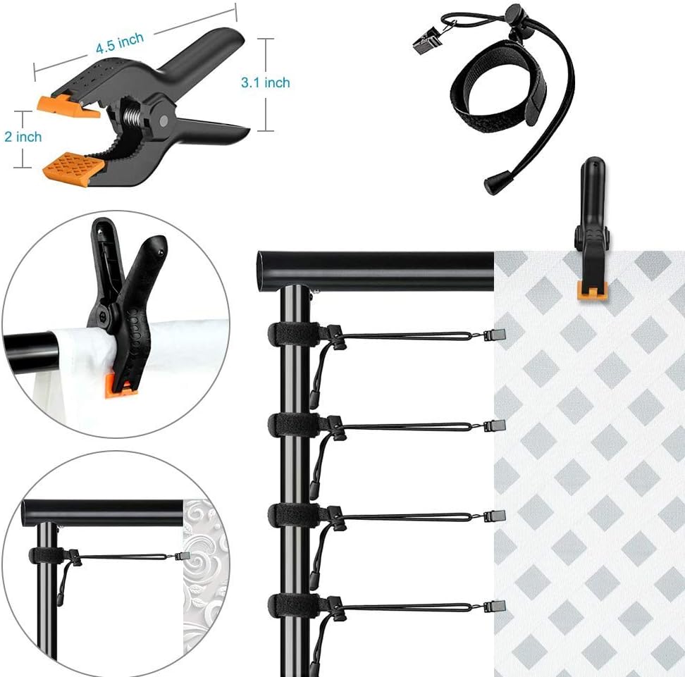 Photo Video Studio Backdrop Stand with 8 Spring & 4 Clips, 6.5ft x 10ft Adjustable Muslin Background Support System Kit with Sand Bag, Carry Bag B577975