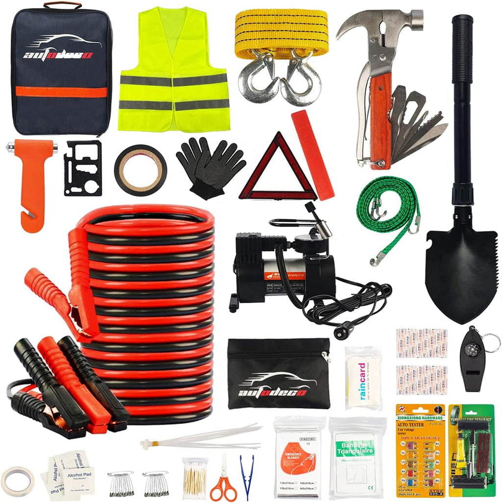 118 Pieces Car Emergency Kit with Jumper Cables and Air Compressor F87739