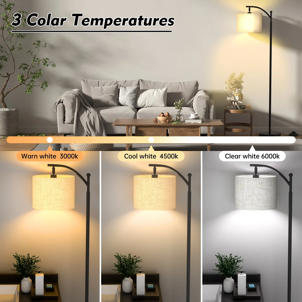 Floor Lamp with 3 Color Temperatures Linen Shade J824