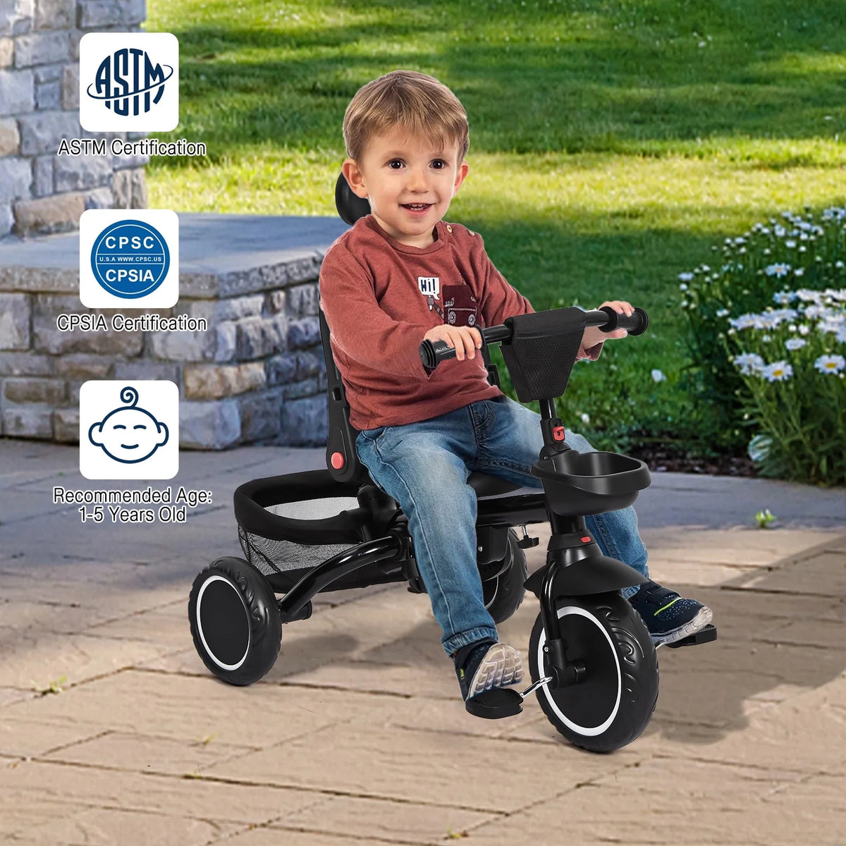 Folding Toddler Tricycle with Adjustable Canopy and Storage M59371