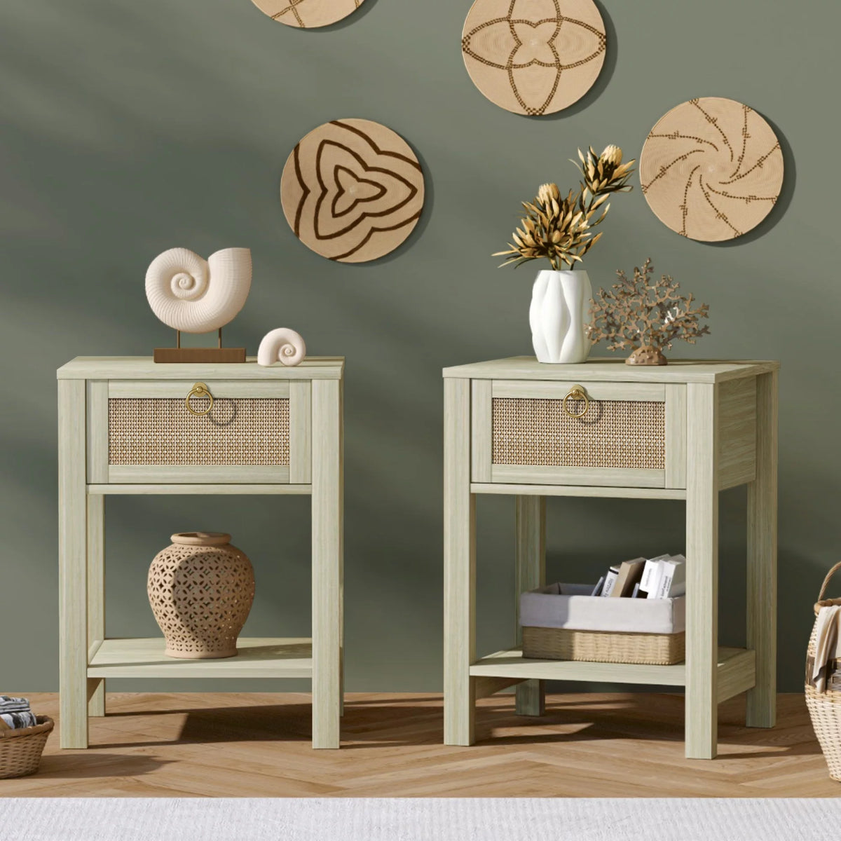 White Nightstand Set of 2 with Rattan Drawer and Open Storage Shelf K62647