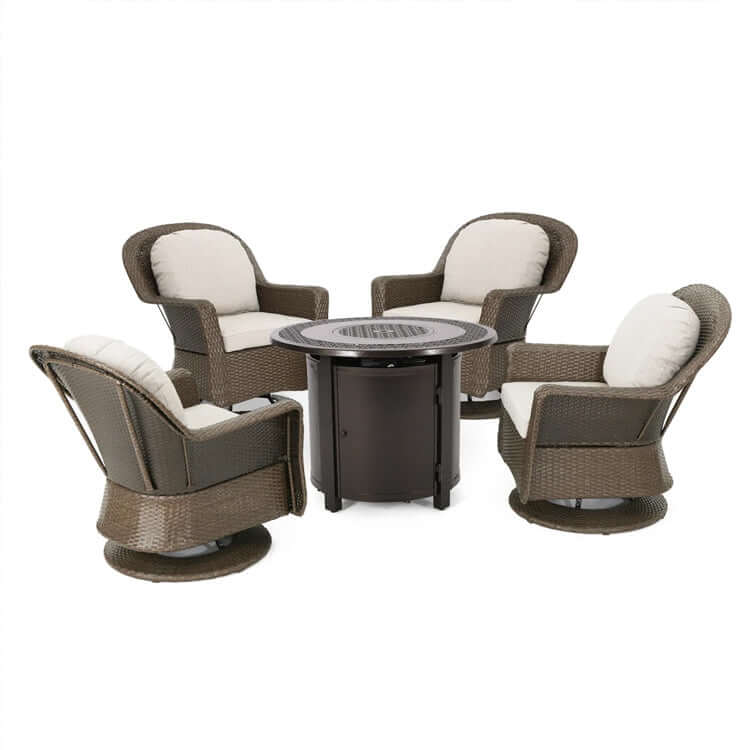 4-Seater Wicker Swivel Chair and Fire Pit F4893
