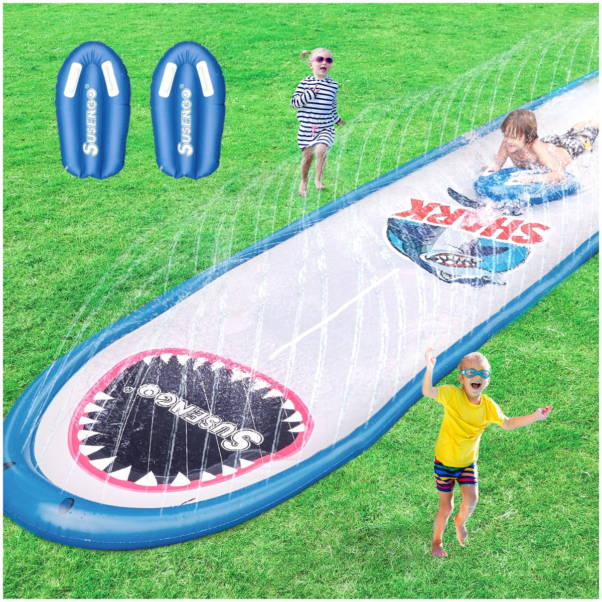 Inflatable Lawn Water Slide with 2 Bodyboards, 15.7x4.3ft X230