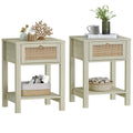 White Nightstand Set of 2 with Rattan Drawer and Open Storage Shelf K62647