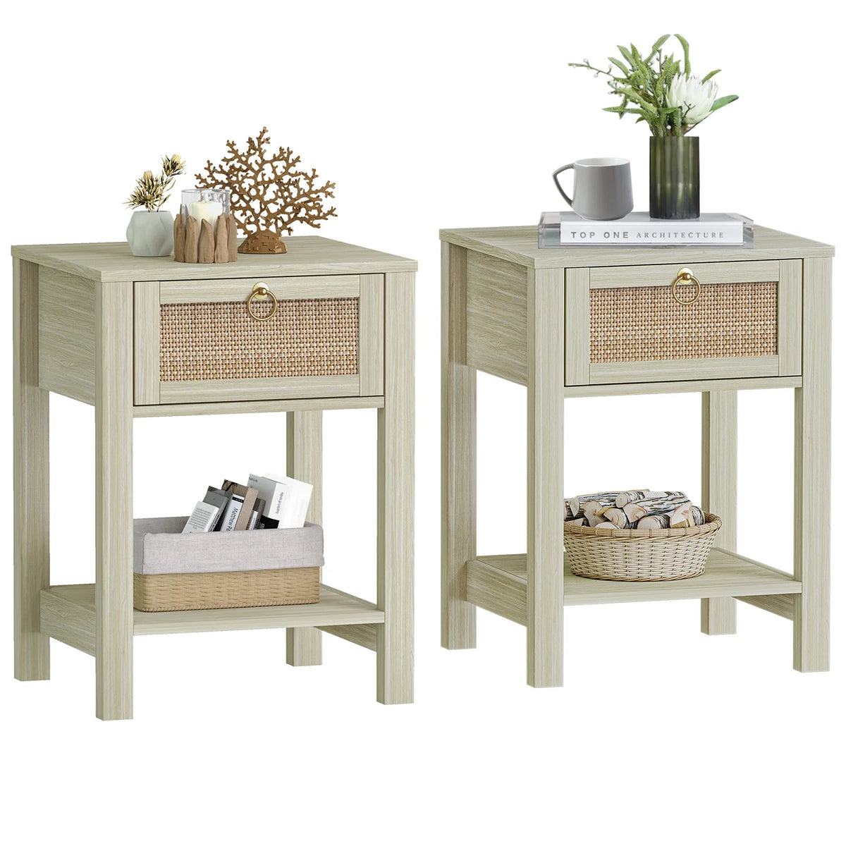 White Nightstand Set of 2 with Rattan Drawer and Open Storage Shelf K62647