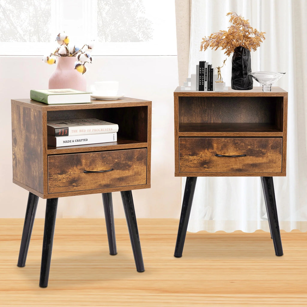 Set of 2 Nightstand with Drawer and Shelf, Wood Frame and Metal Legs, Brown S92747