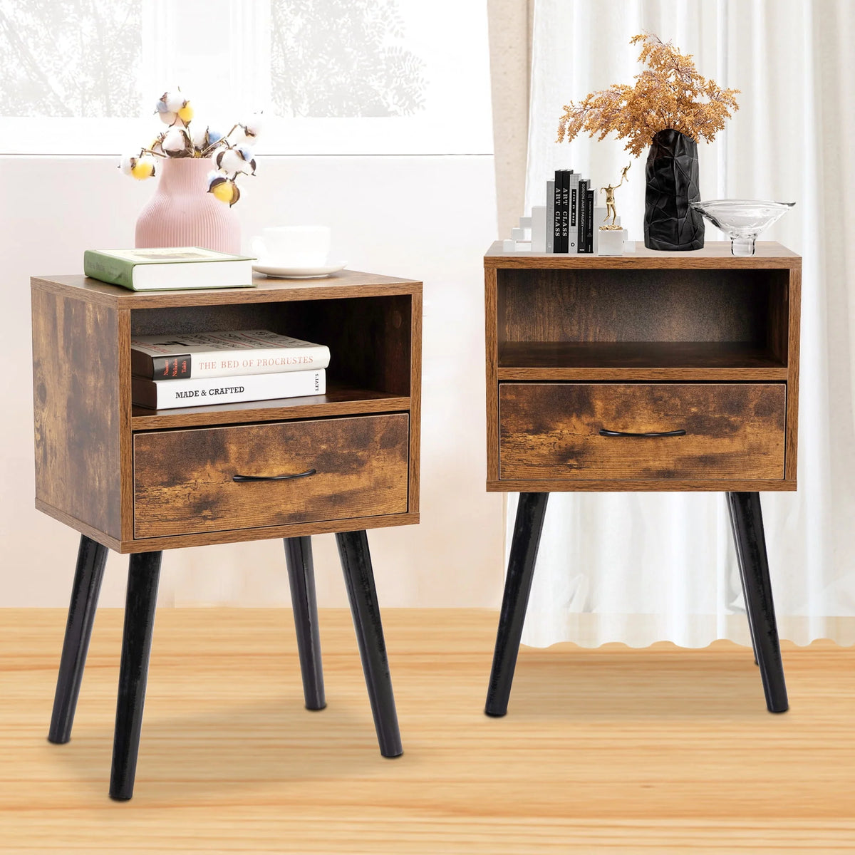 Set of 2 Nightstand with Drawer and Shelf, Wood Frame and Metal Legs, Brown S92747