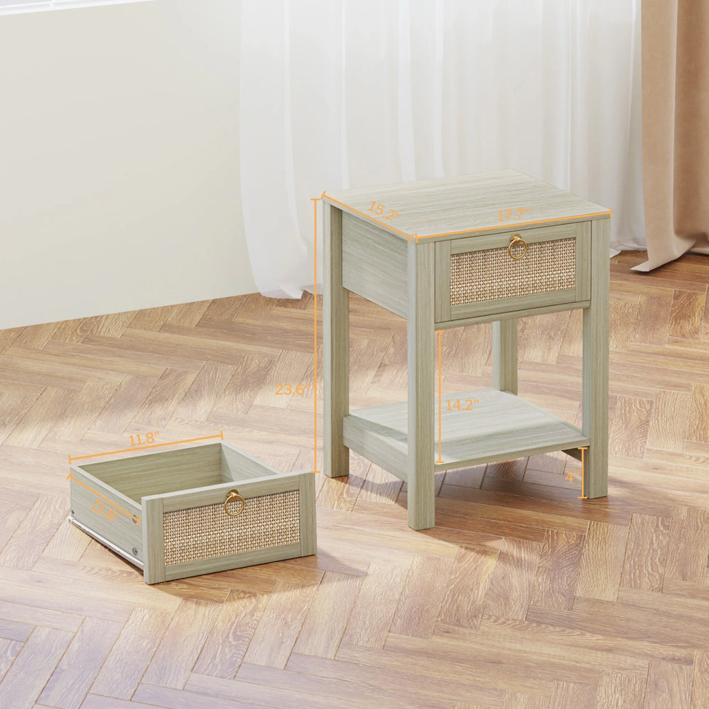 White Nightstand Set of 2 with Rattan Drawer and Open Storage Shelf K62647