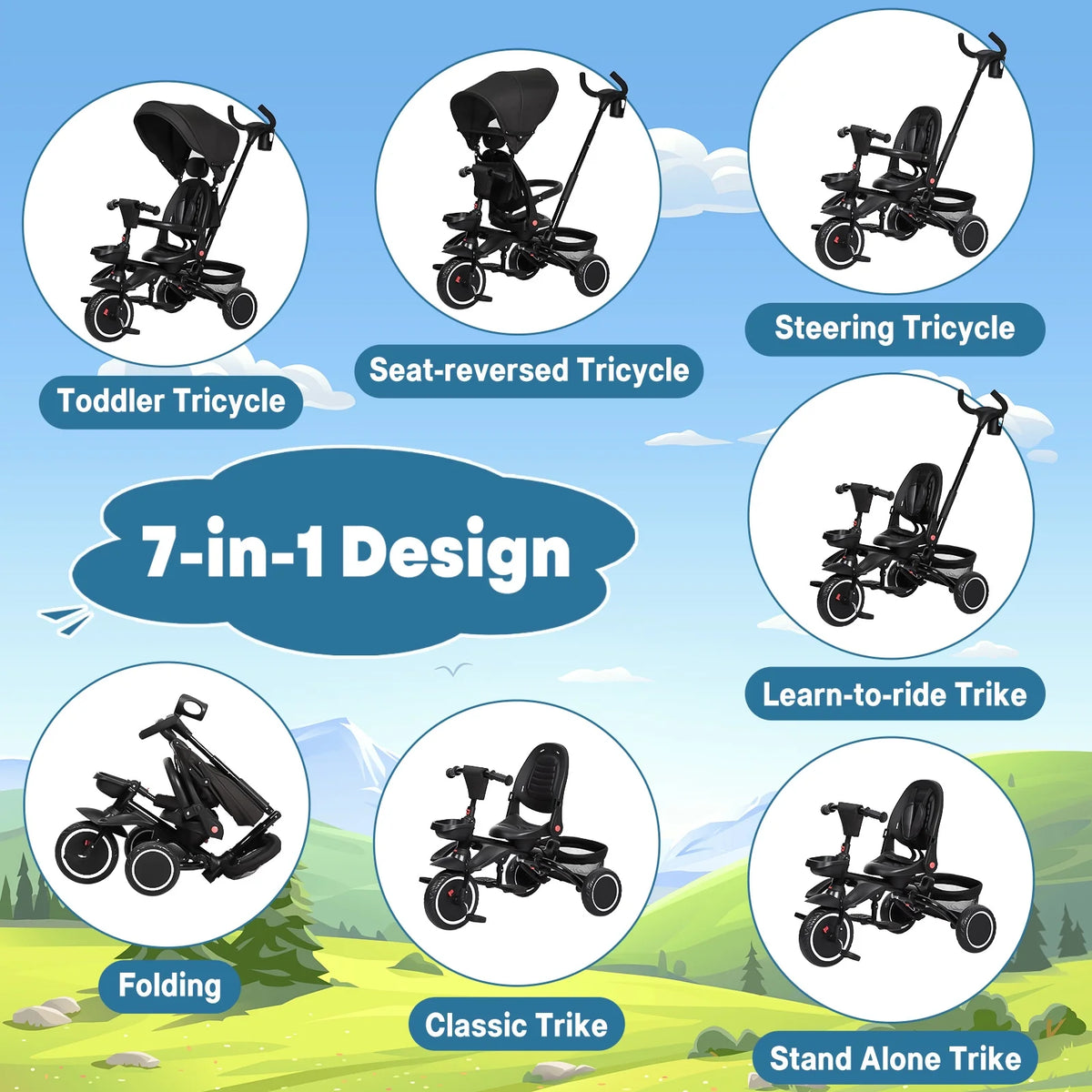 Folding Toddler Tricycle with Adjustable Canopy and Storage M59371