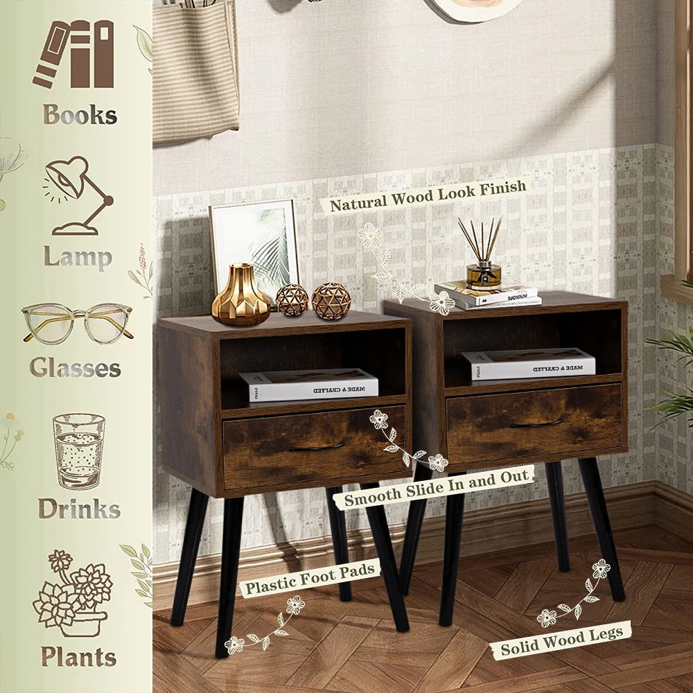 Set of 2 Nightstand with Drawer and Shelf, Wood Frame and Metal Legs, Brown S92747