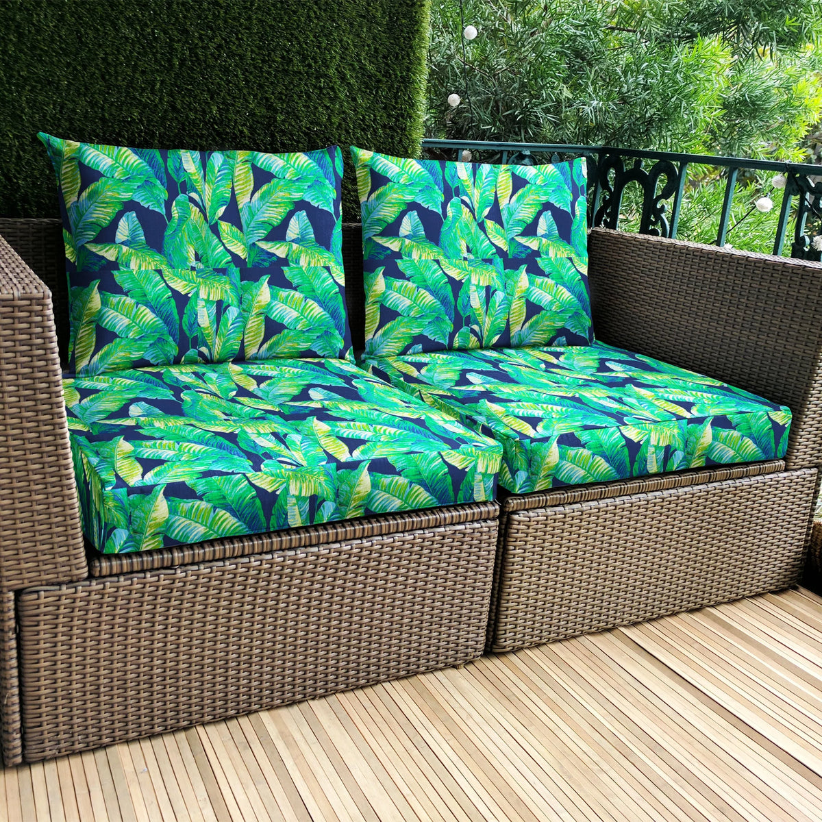 Navy Green Banana Leaf Jungle Print Outdoor Slip Covers I40577