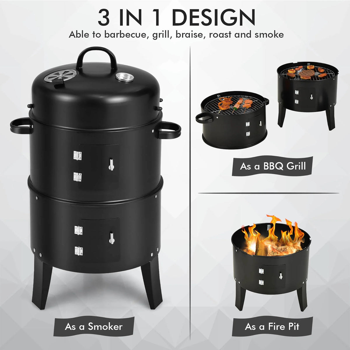 3-in-1 Vertical Charcoal Smoker Grill with 2 Layer V293057