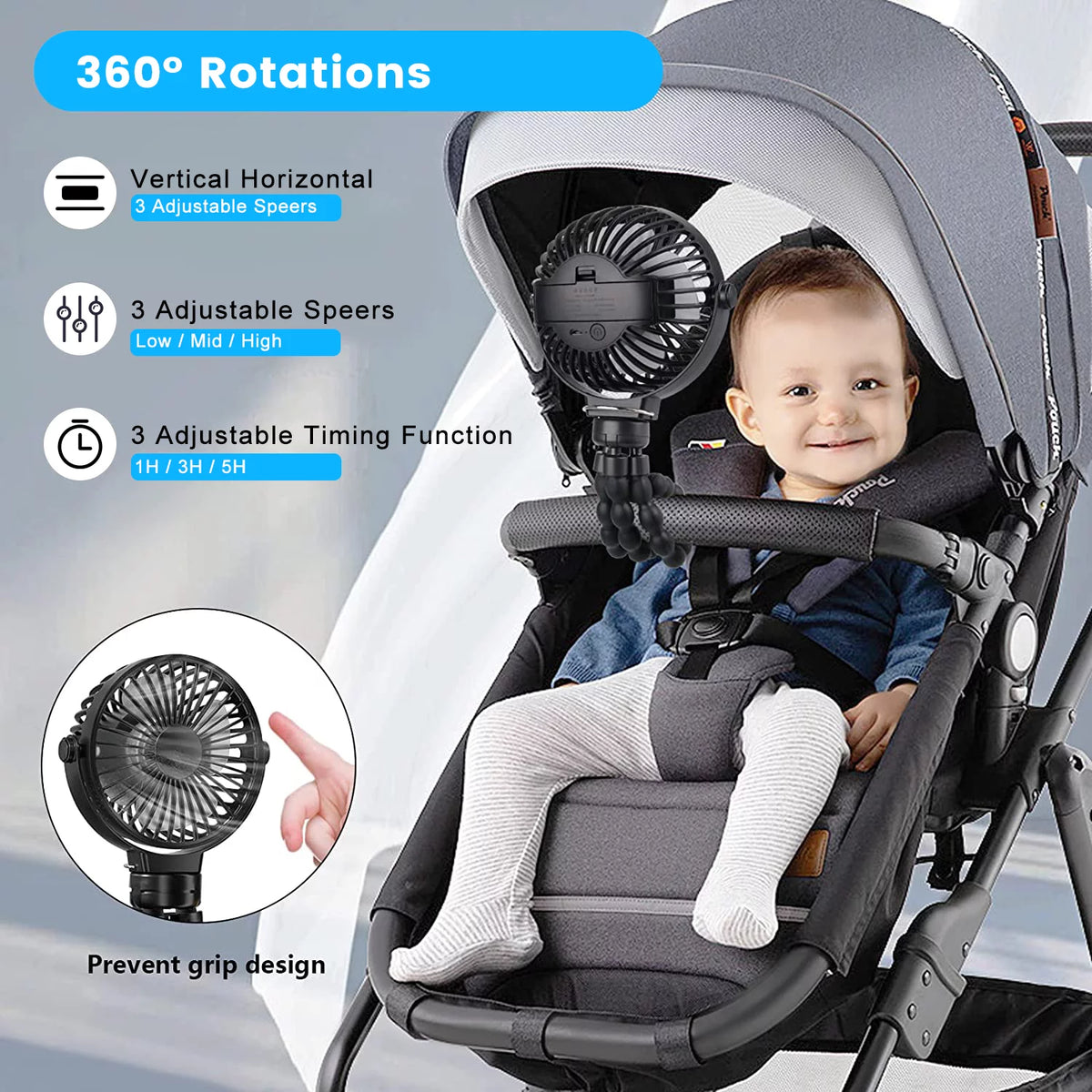 Portable Battery Operated Clip on Fan with Flexible Tripod White A8395