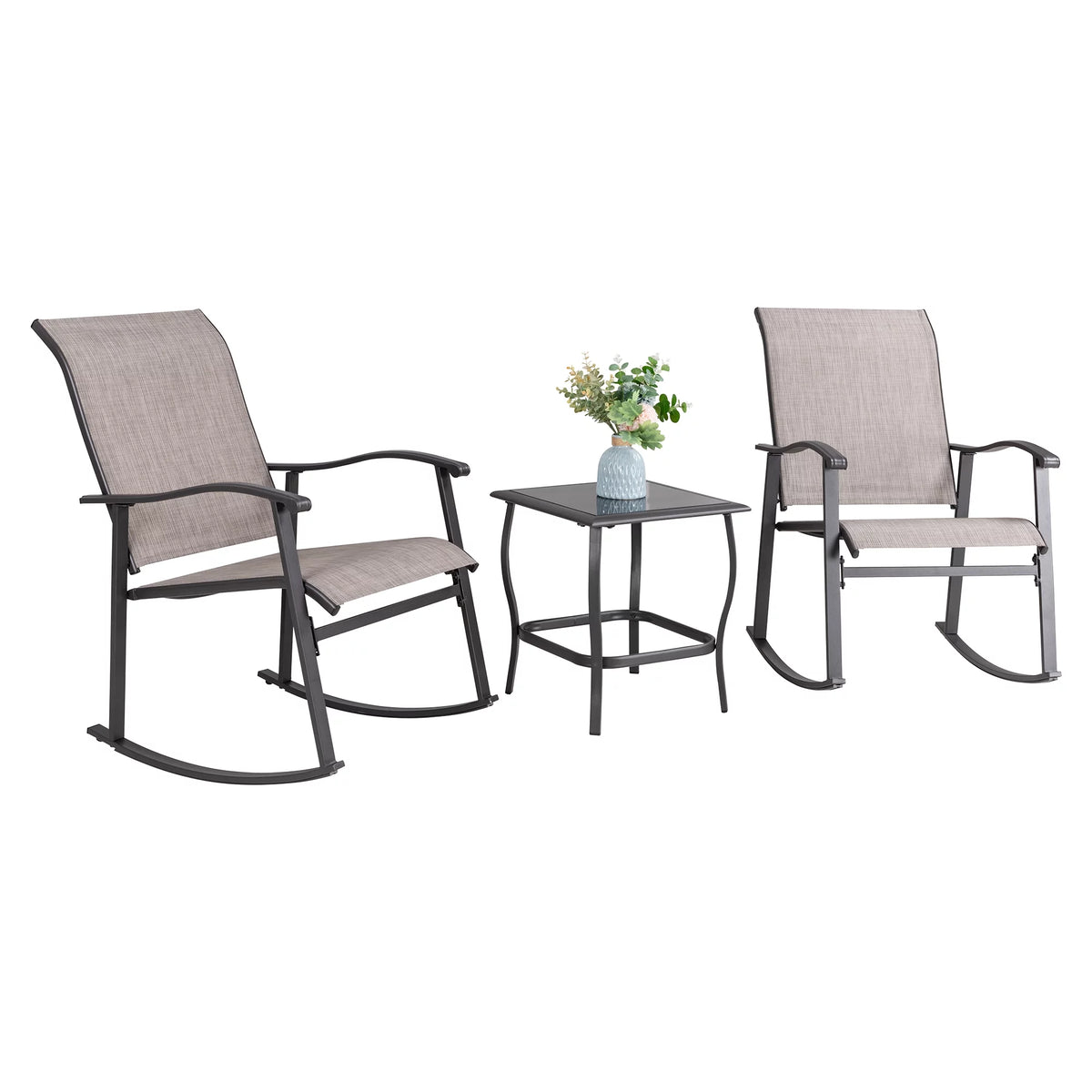 3 Piece Rocking Bistro Set with Rocker Chairs and Coffee Table Light Grey G55411