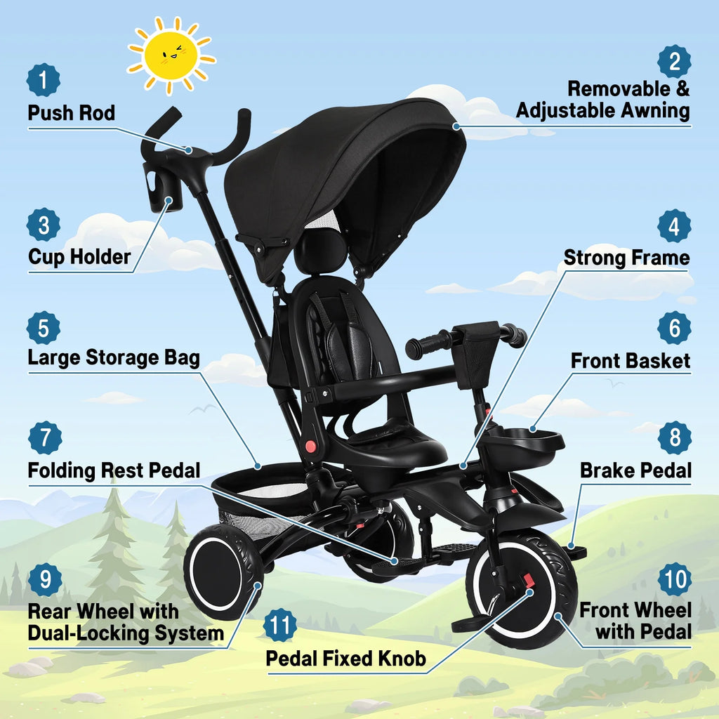 Folding Toddler Tricycle with Adjustable Canopy and Storage M59371