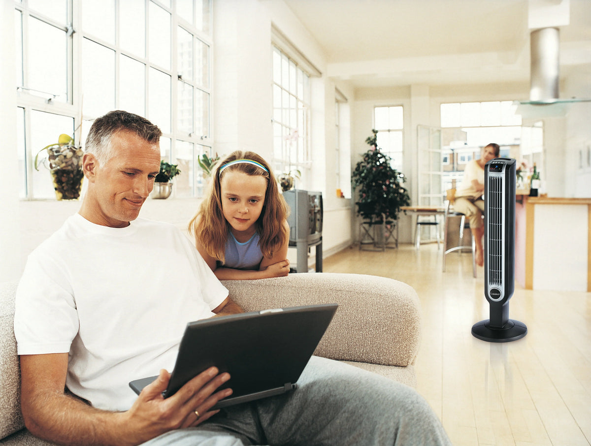 Black 3-Speed Oscillating Tower Fan with Remote P25772