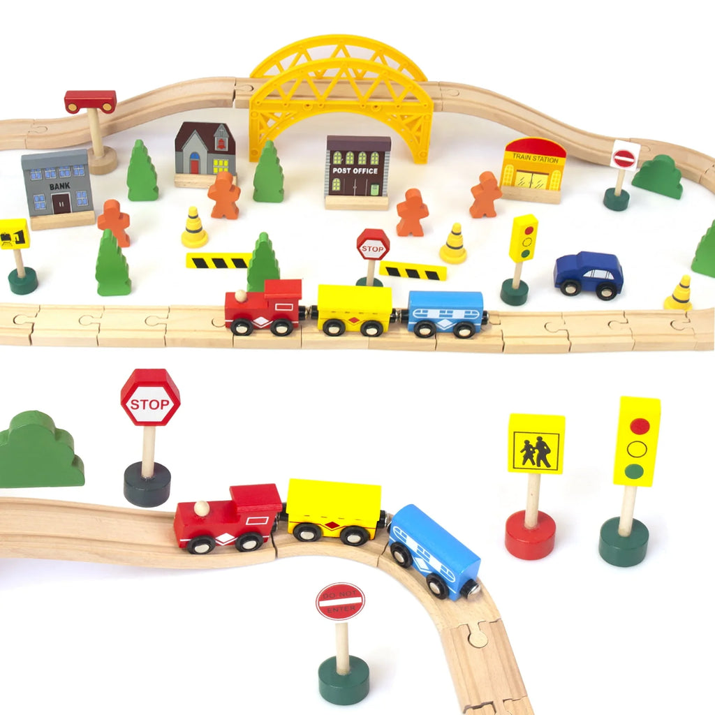 60Pcs Double-Side Wooden Train Set U520346