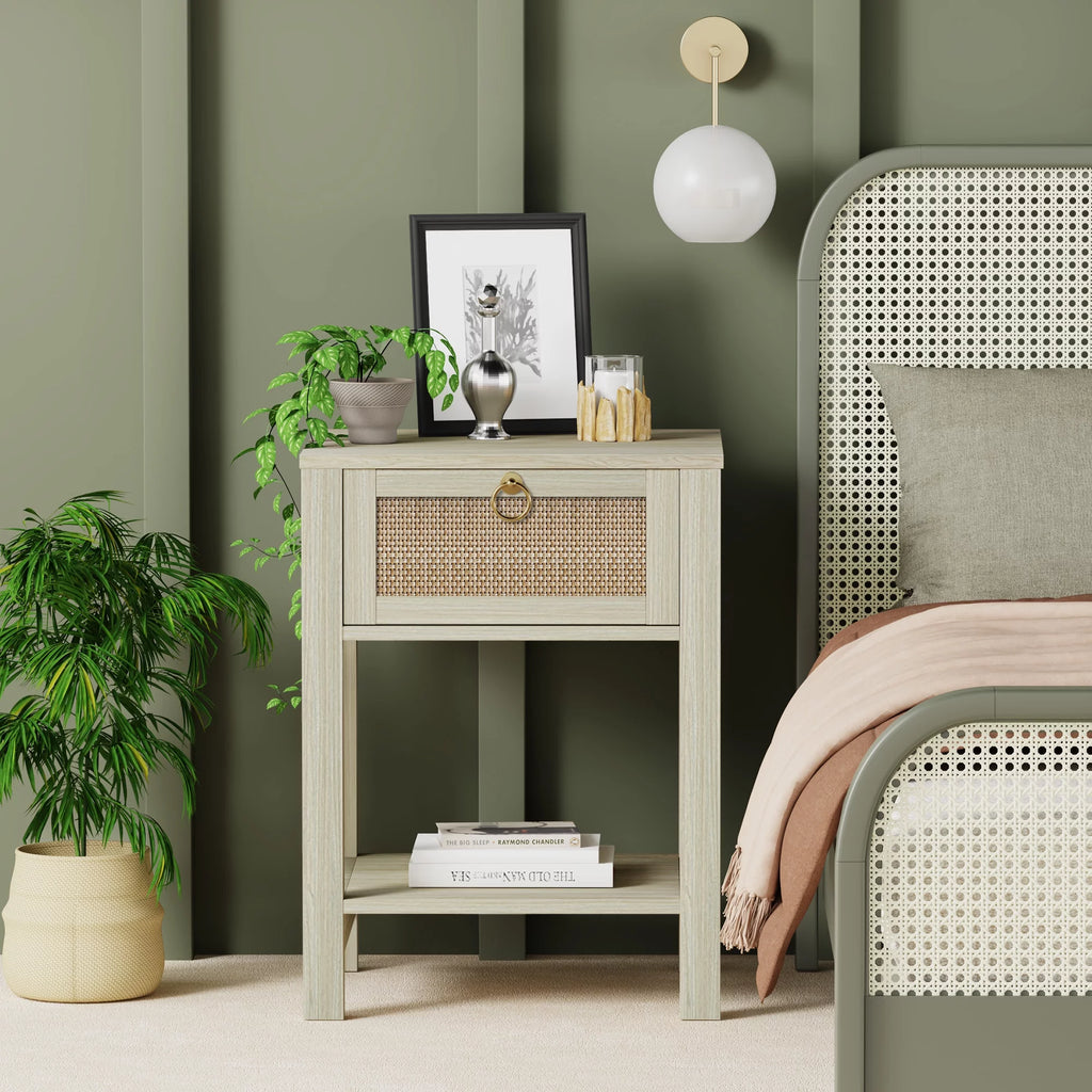 White Nightstand Set of 2 with Rattan Drawer and Open Storage Shelf K62647