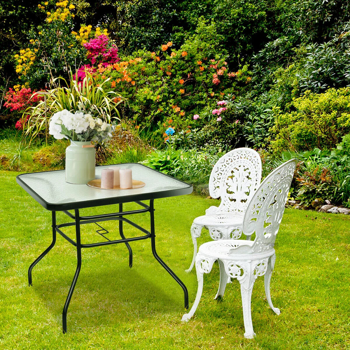 32'' Tempered Glass Steel Frame Patio Square Table I89877