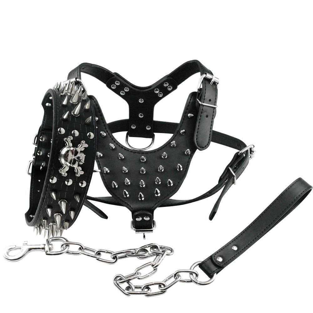Black Leather Spiked Dog Collar & Leash & Harness 3 Pcs Set E541